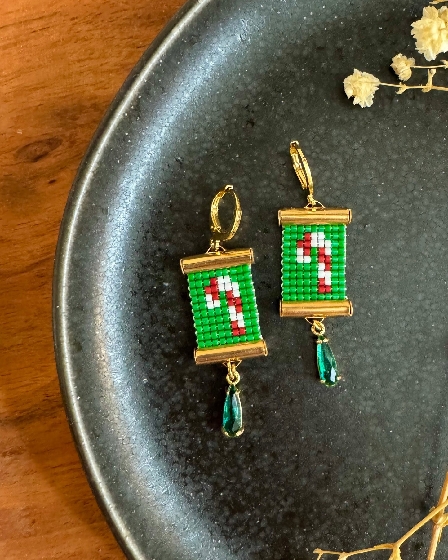 Candy Cane Earrings on Black Plate
