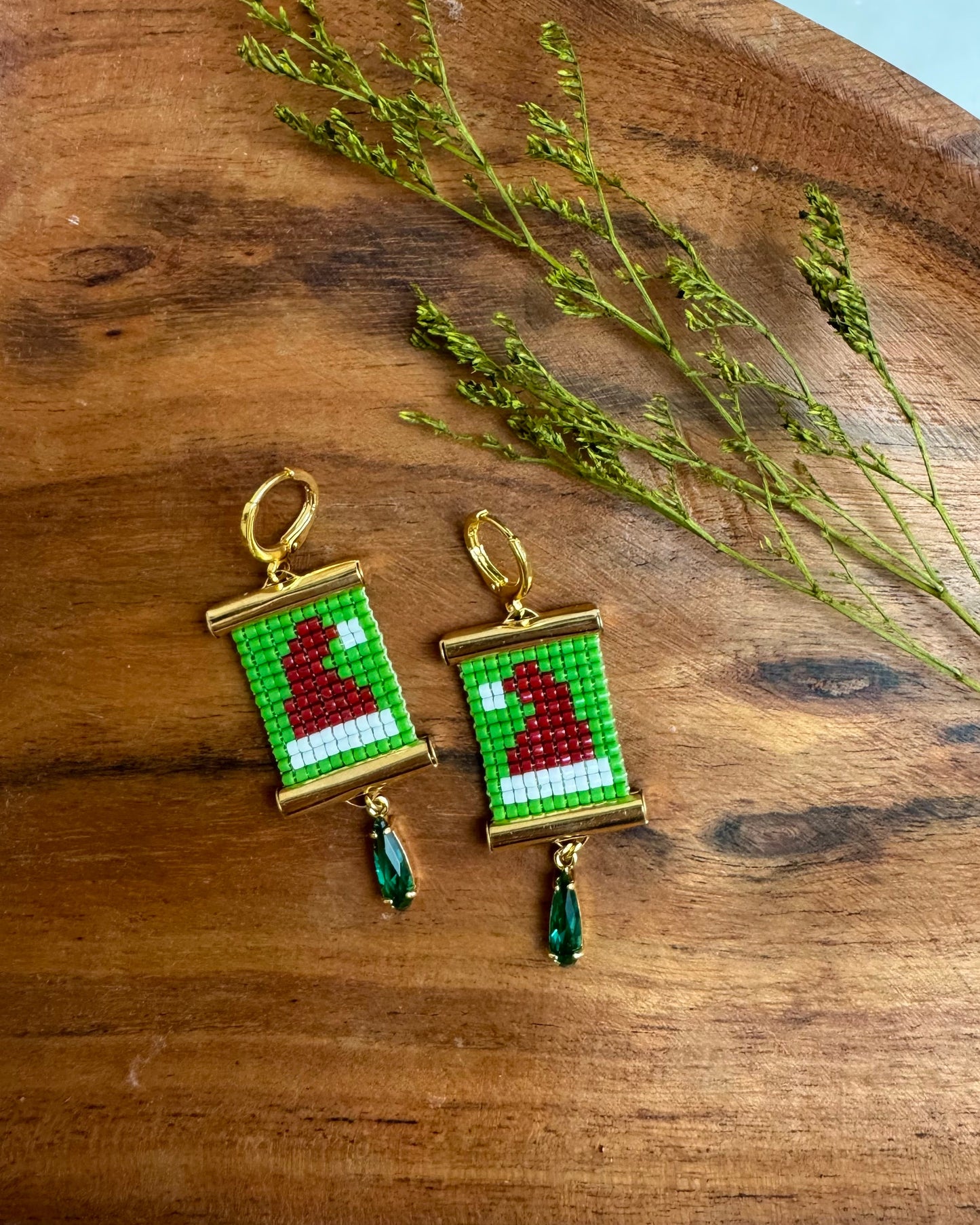 Santa Hat Earrings on Wooden Tray