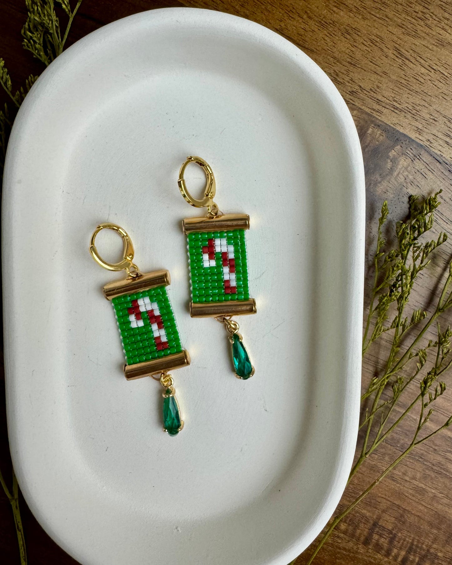 Candy Cane Earrings on White Tray