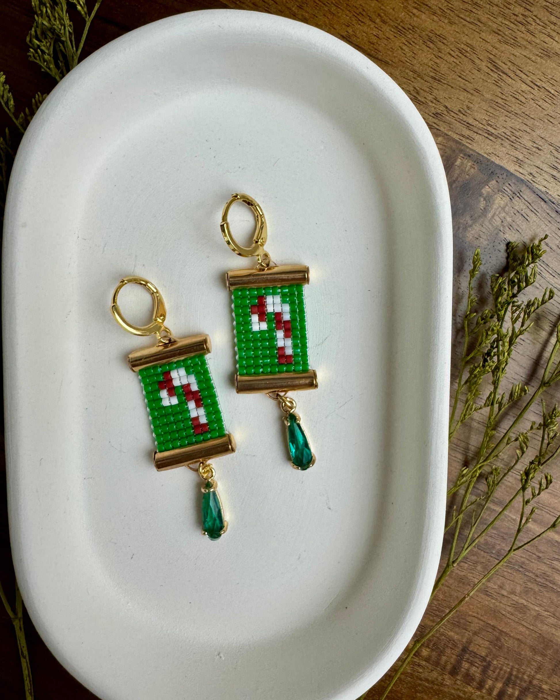Candy Cane Earrings on White Tray