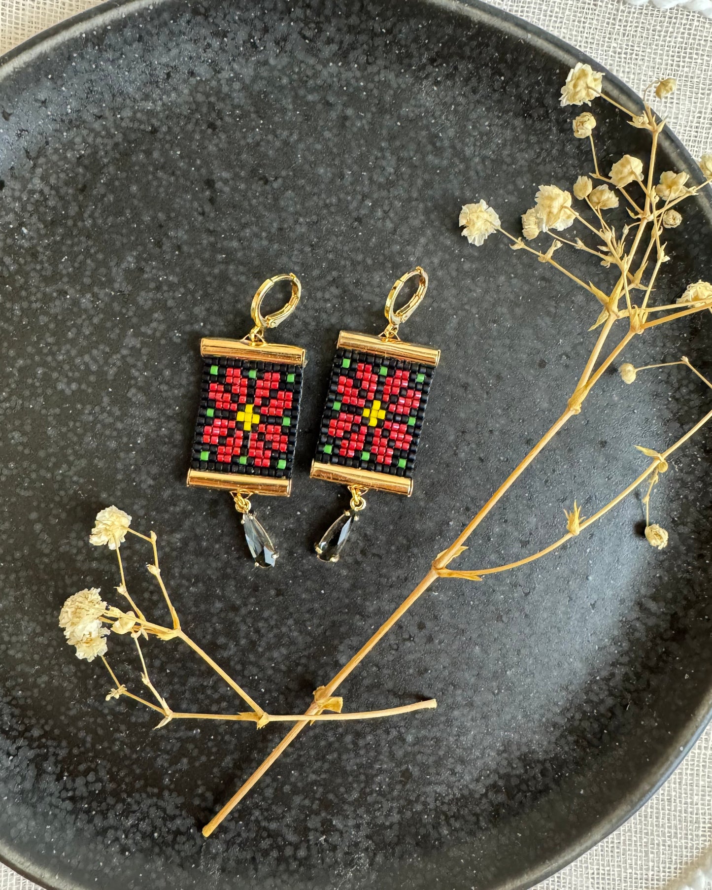 Poinsettia Earrings on Black Plate