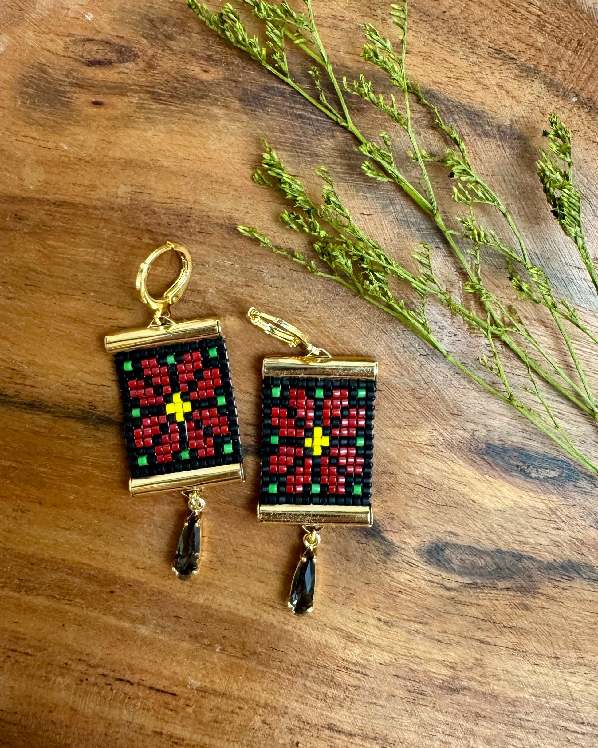 Poinsettia Earrings on Wooden Tray