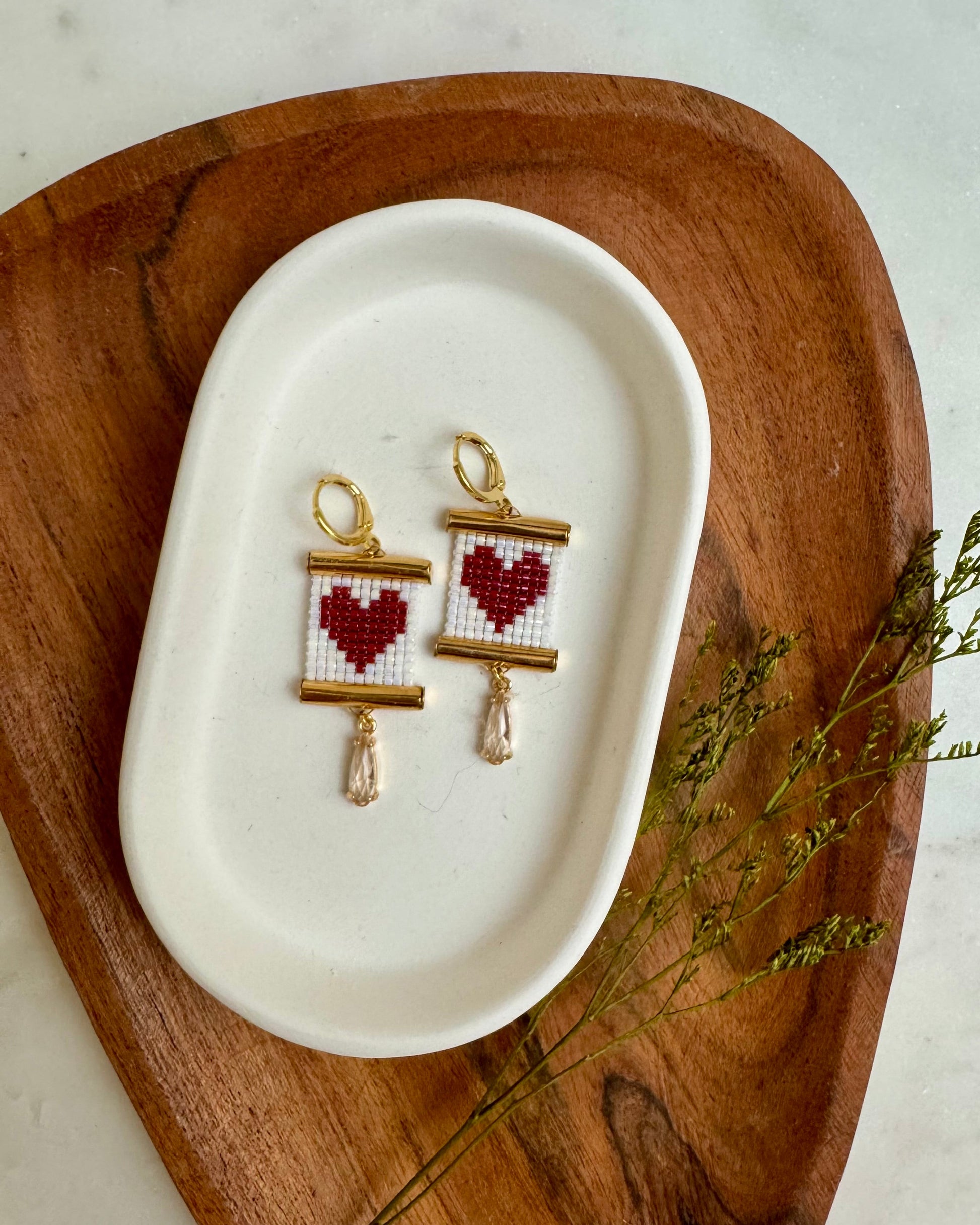 Red Heart Earrings on White Tray